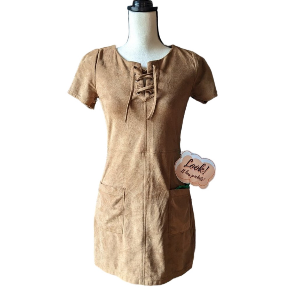Hollister Size XS Sheath Dress Tan Lace Up Faux Suede With Pockets EUC